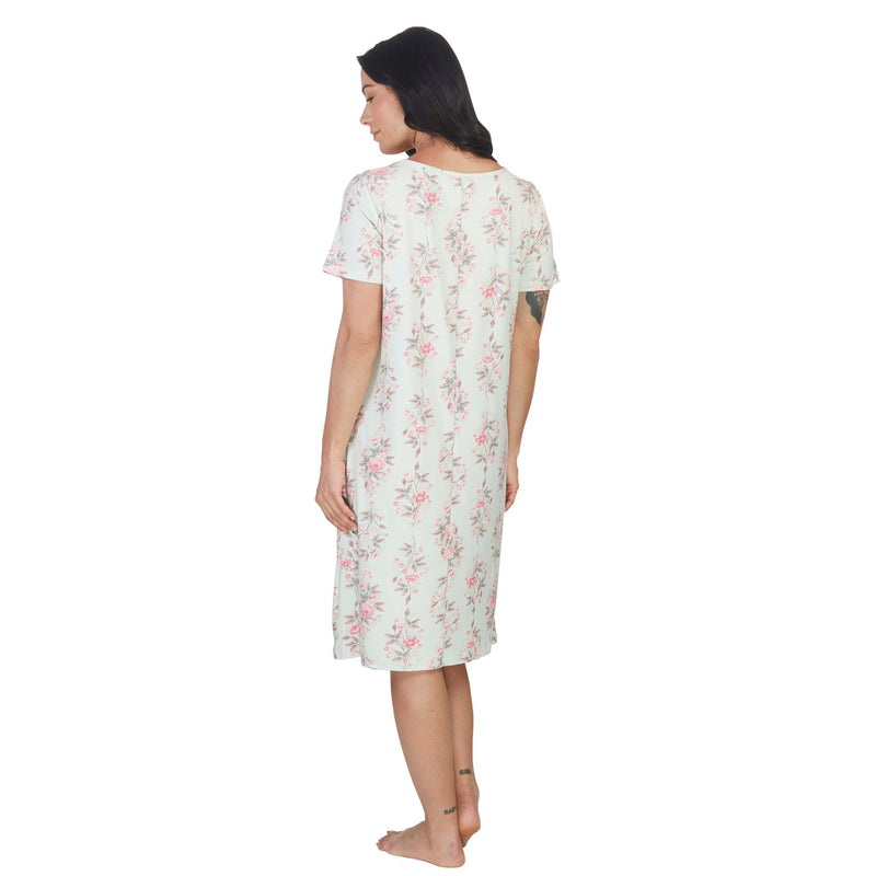 Women's Mid Calf Night Gown With Short Slit Sleeves Green Floral