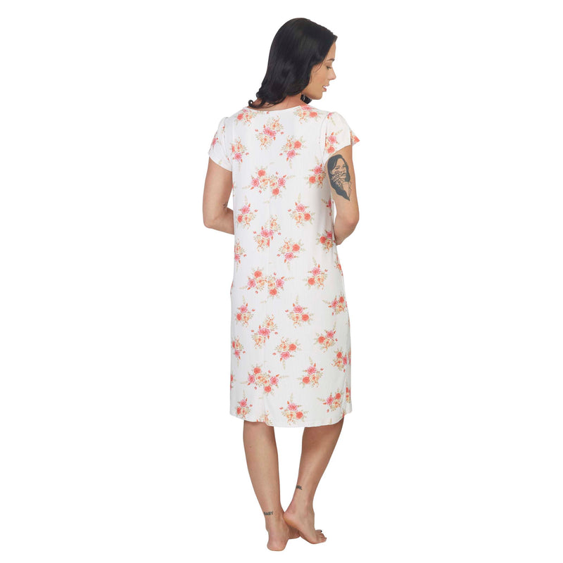 Women's Mid Calf Night Gown With Short Slit Sleeves White Floral