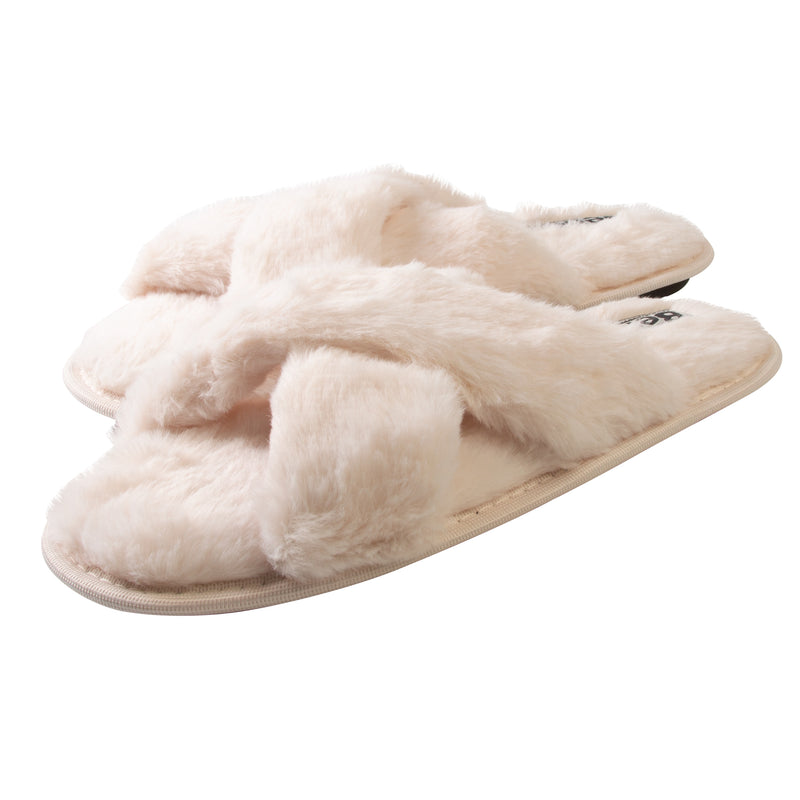 Bench Women Faux Fur Open-toe Criss Cross Band Slip-On Slippers Ivory