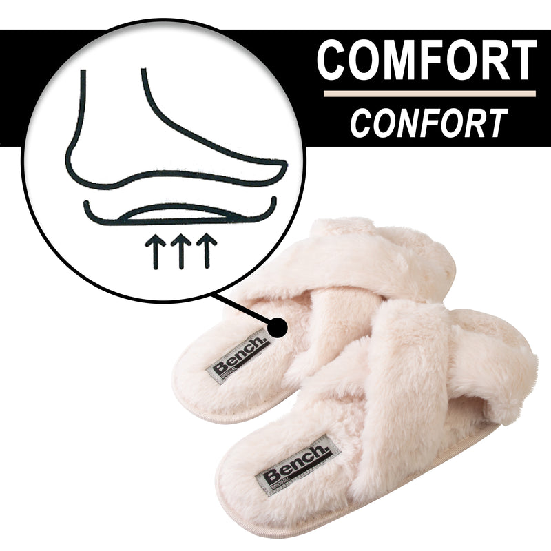 Bench Women Faux Fur Open-toe Criss Cross Band Slip-On Slippers Comfort