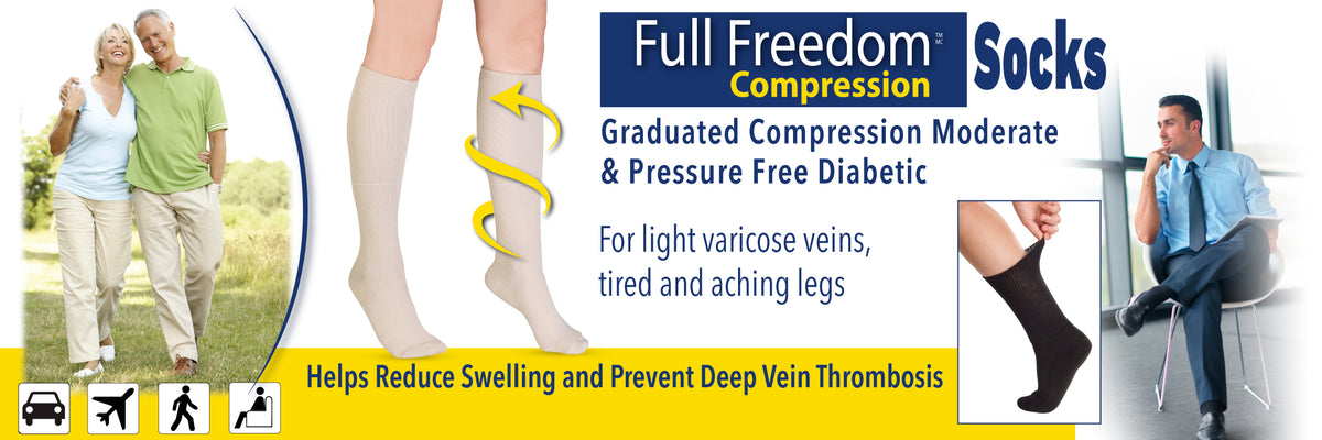 Full Freedom Compression Graduated Compression 10-14 mm hg, 14-20 mm hg and Diabetic pressure free socks