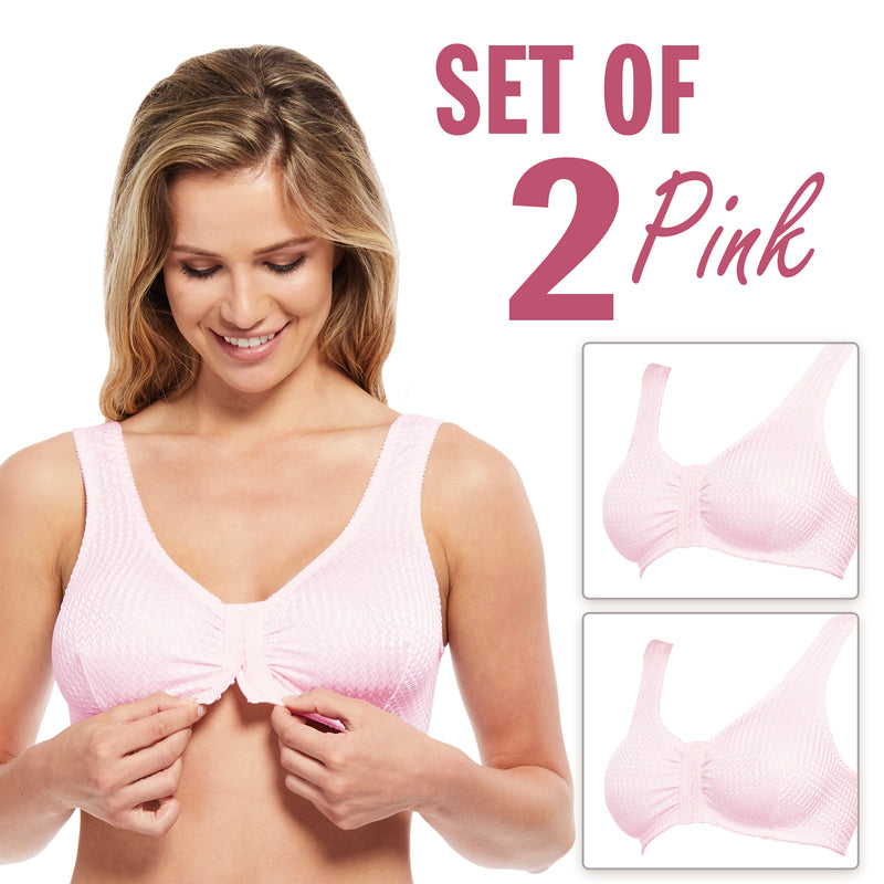 Collections Etc Women's Wide Shoulder Strap Seamless Easy-Close Snap Front  Bra Pink Large 