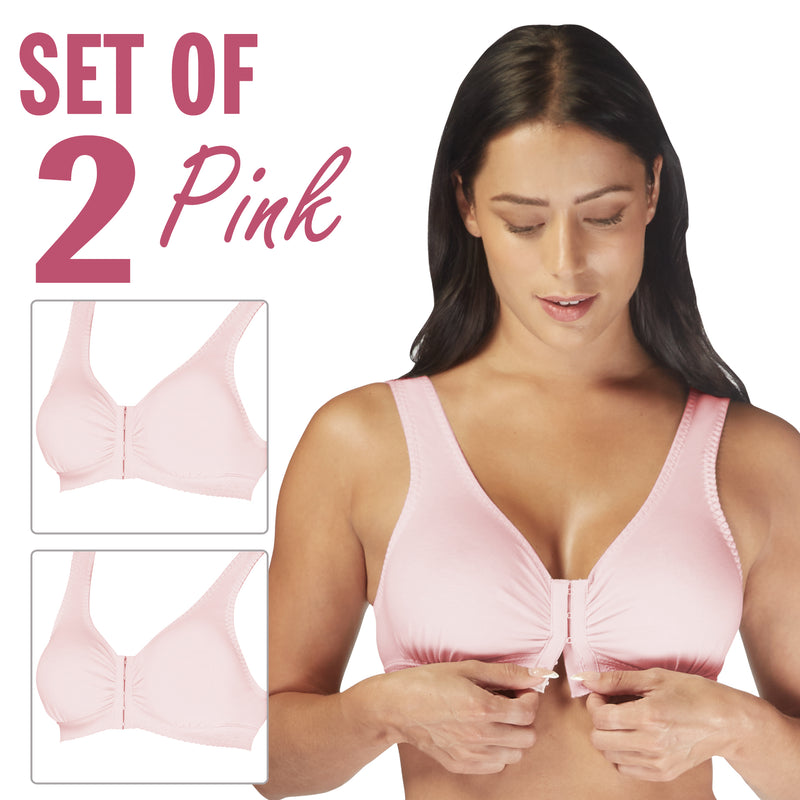 Carole Martin Full Freedom Front Closure wirefree Cotton Comfort Bra- Pink Set of 2