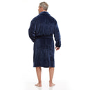 Men Bath Robe Soft Fleece Shawl Collar Blue Ribbed Motif
