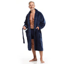 Men Bath Robe Soft Fleece Shawl Collar Blue Ribbed Motif