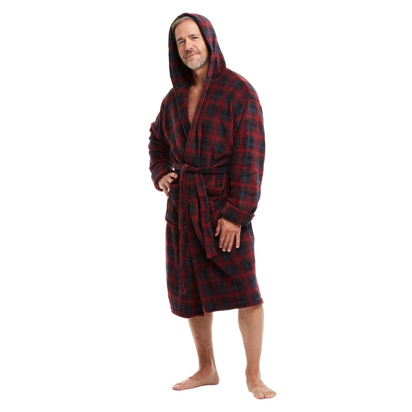 Men Hooded Bathrobe Plaid Red-Blue