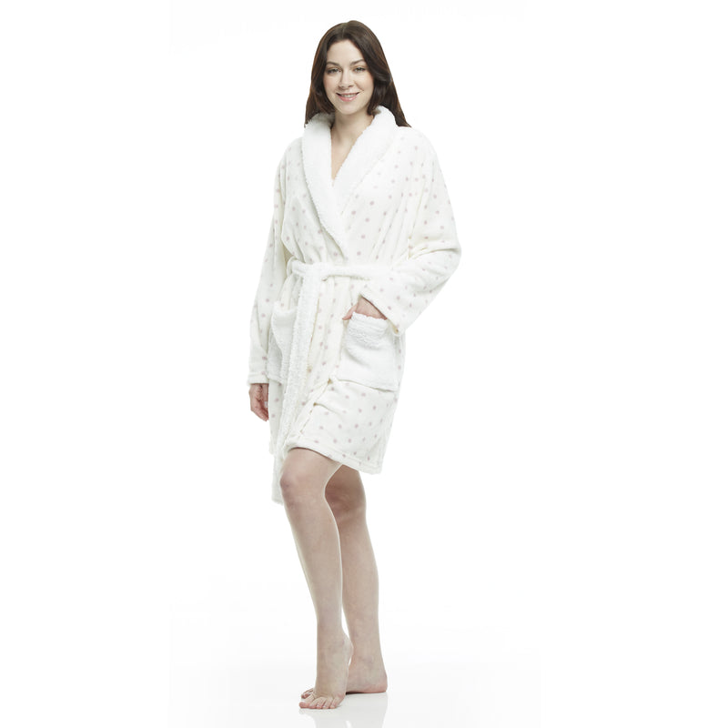 Women's Polka Dot Plush Shawl Collar 3/4 Length Bath Robe