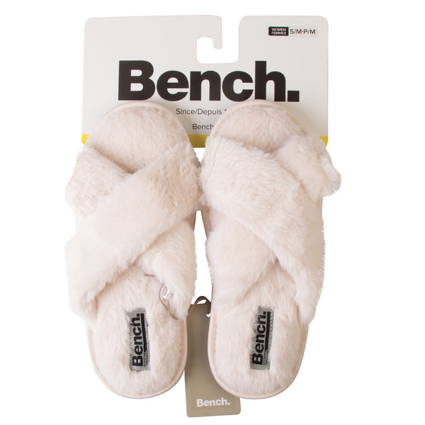 Bench Women Faux Fur Open-toe Criss Cross Band Slip-On Slippers White